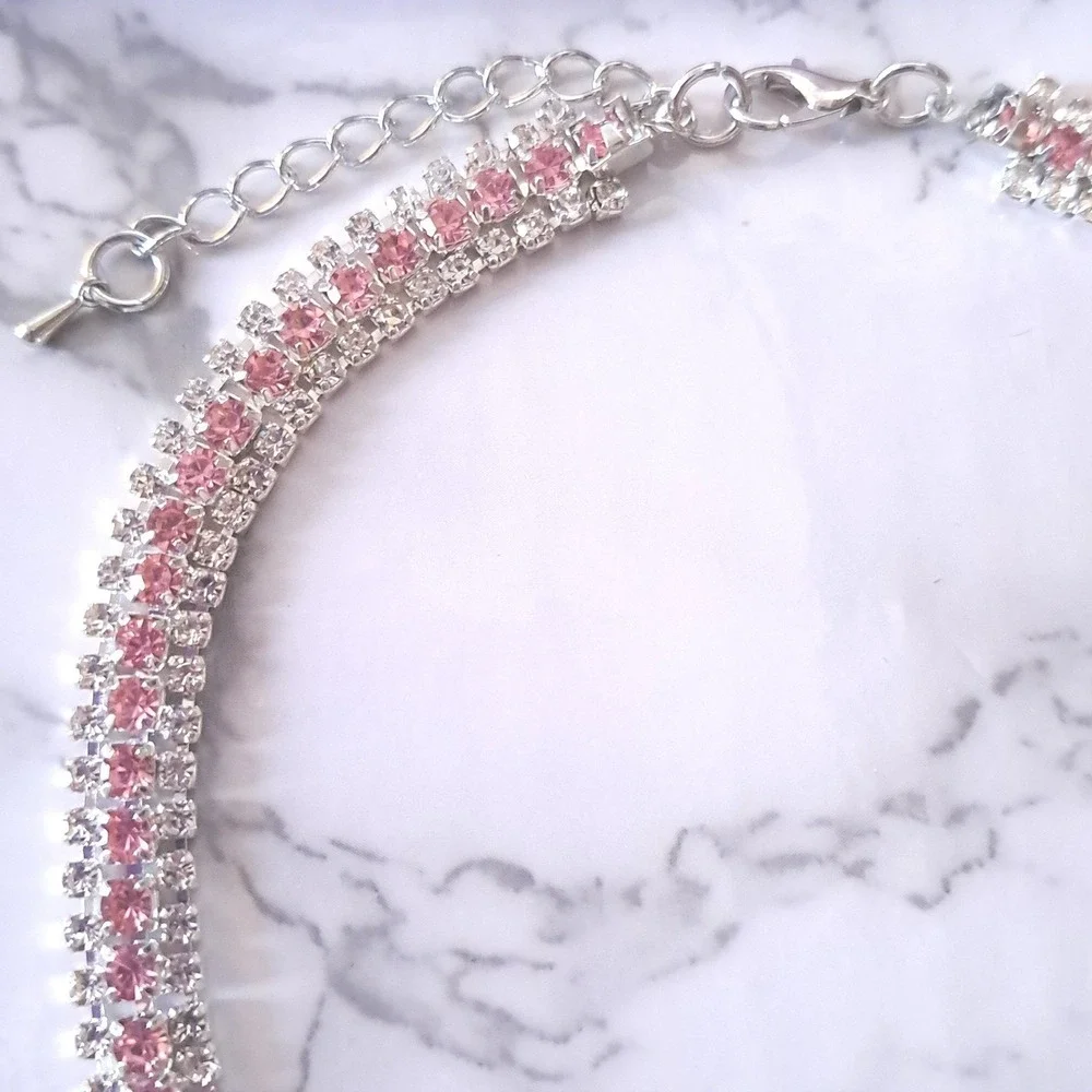 New Quirky Lizard Rhinestone Heart Collar Necklace Dog Cat XL Pink Silver Choker